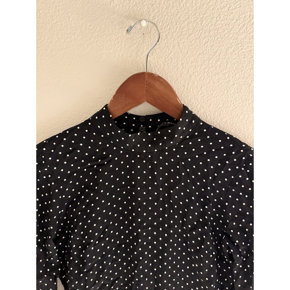 Zara Midi Dress Size X-Small in Black White Polka Dots High Neck Ruffle Sleeves - Picture 3 of 9